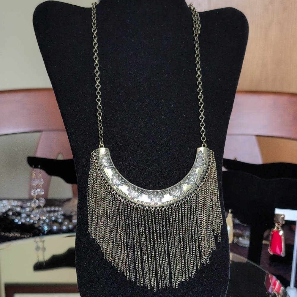 Gold Fringe Statement Necklace - Picture 2 of 9